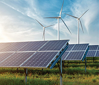 Solar panels with windmills in the background